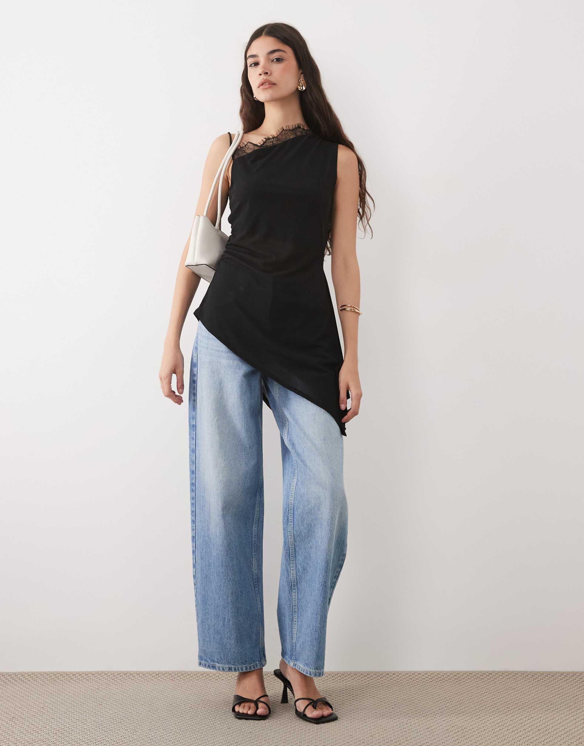 asos design mesh asymmetric longline cami with lace trim in black