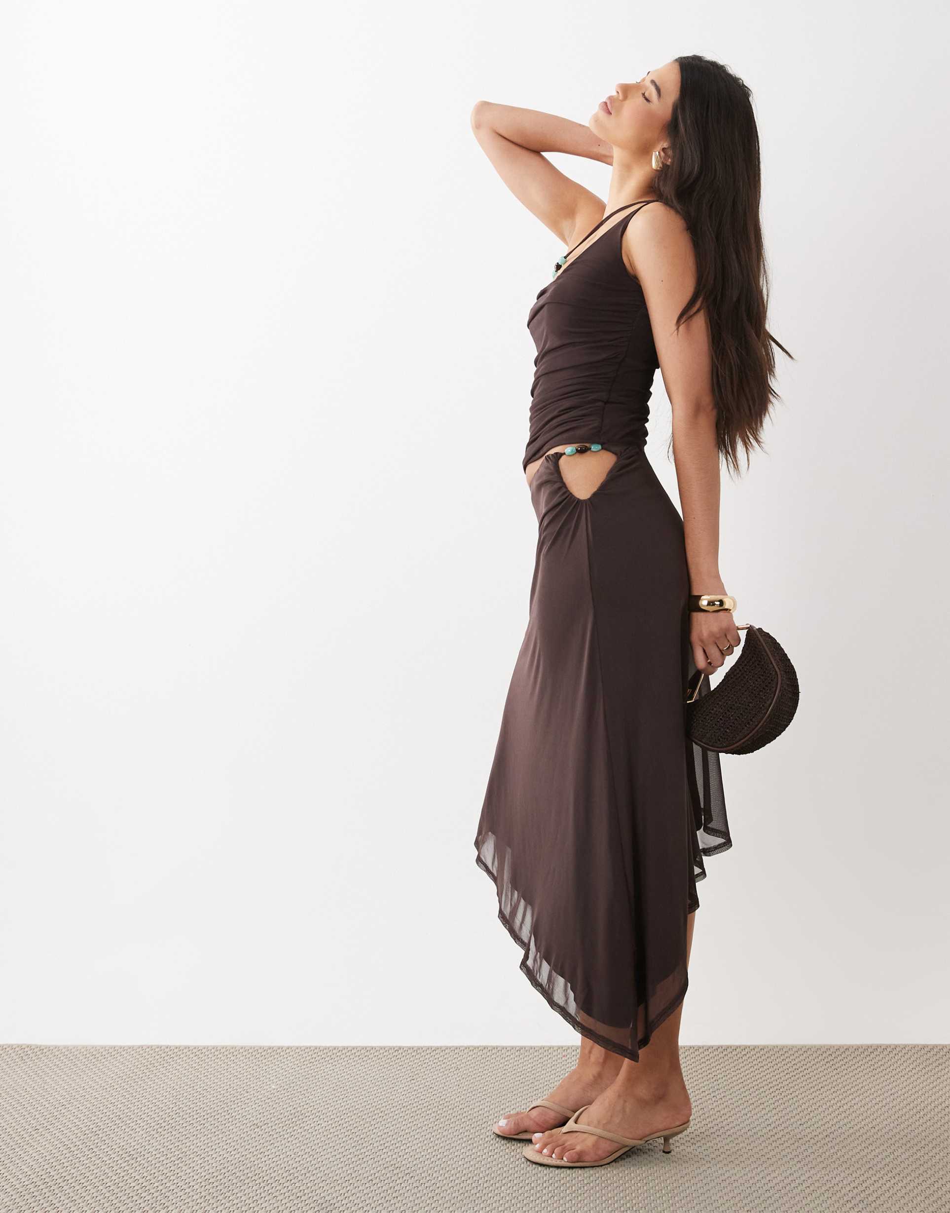 asos design mesh asymmetric midi skirt with beaded trim in brown - part of a set