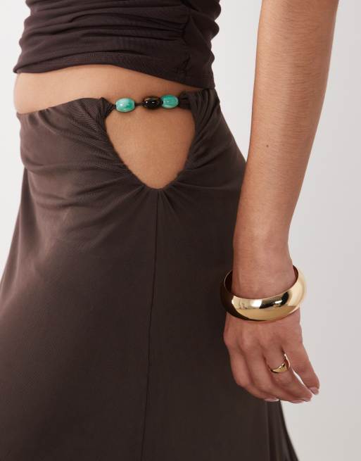 ASOS DESIGN mesh asymmetric midi skirt with beaded trim in brown - part of a set, 3 of 5