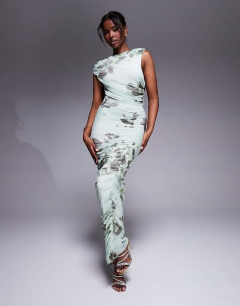 ASOS DESIGN mesh asymmetric neck off shoulder ruched maxi dress in green floral print - view 1