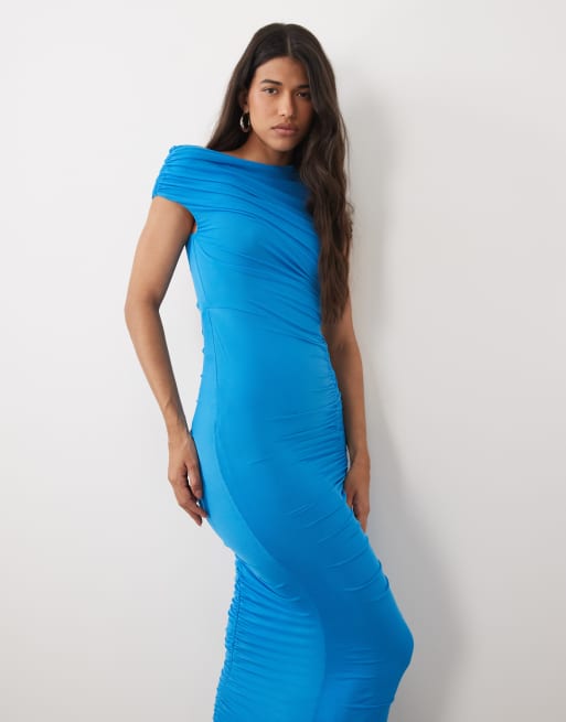 ASOS DESIGN mesh asymmetric neck off shoulder ruched maxi dress in turquoise, 2 of 4