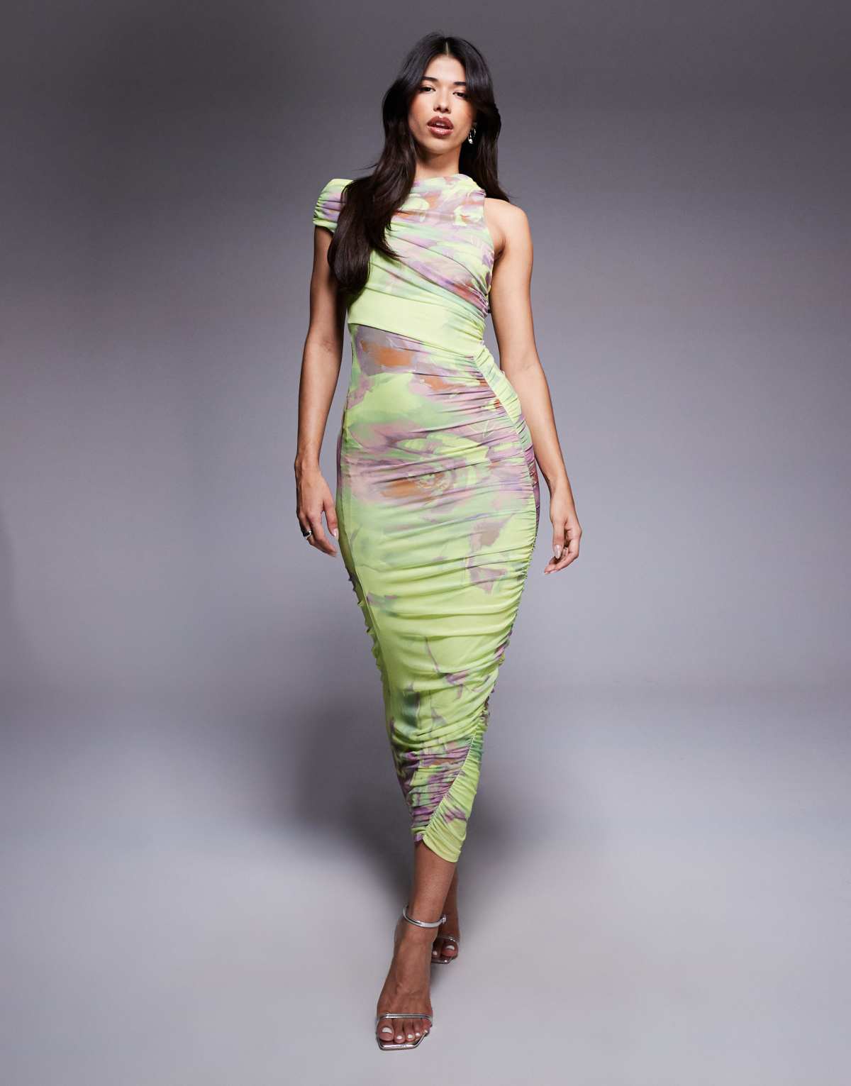 ASOS DESIGN mesh asymmetric neck off shoulder ruched midi dress in abstract floral print