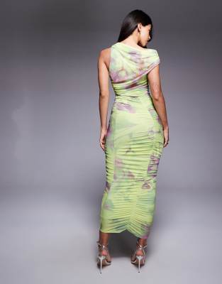 Asos Design Mesh Asymmetric Neck Off Shoulder Ruched Midi Dress In Multi