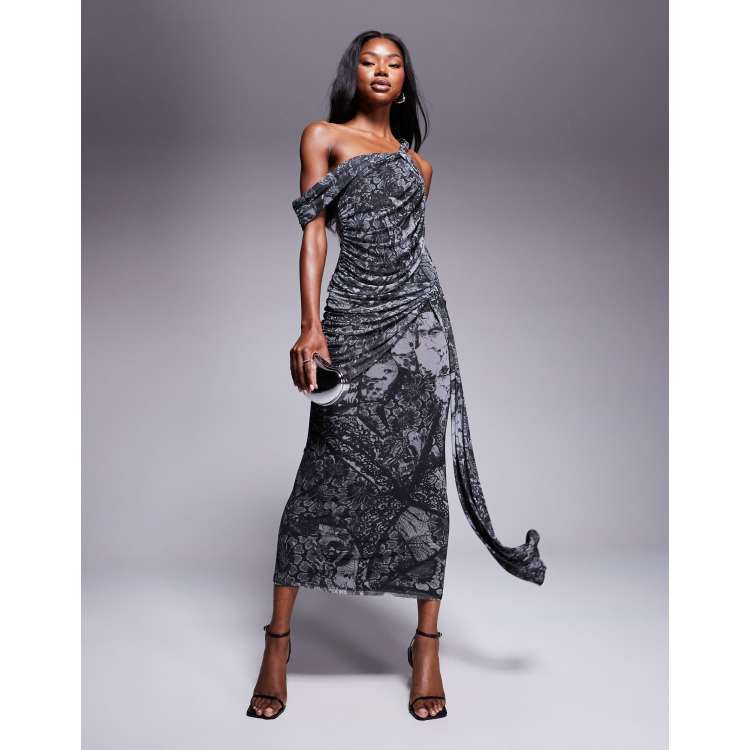 abdan muflih様 Shop Stretch Crepe Asymmetric Neck Ruffle Drape Midaxi Dress