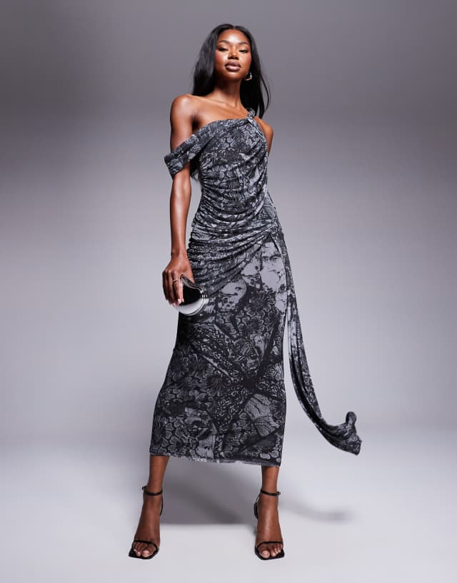 ASOS DESIGN mesh asymmetric off-shoulder midi dress with hitched drape sash in floral abstract print