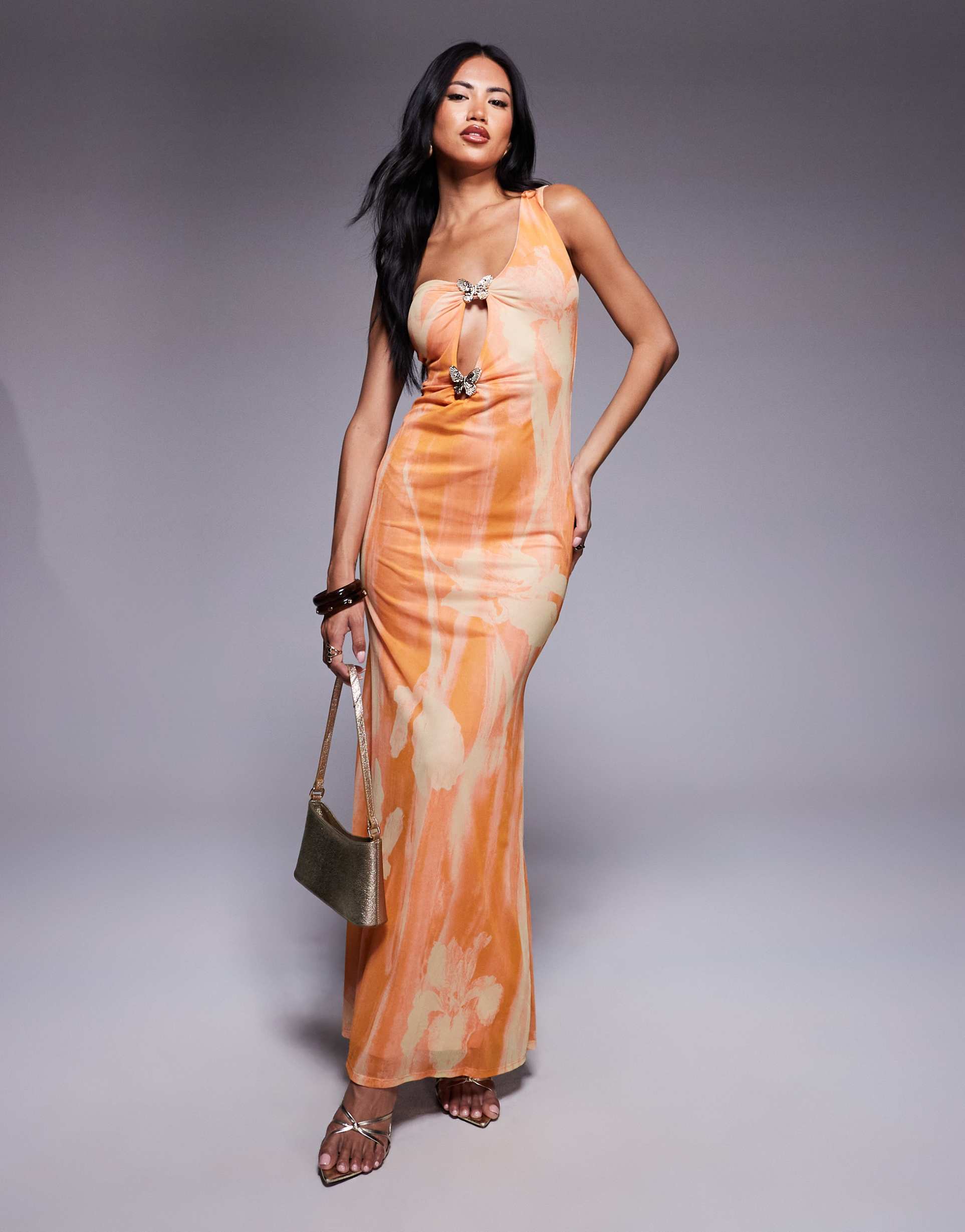 asos design mesh asymmetric one shoulder maxi dress with gold butterfly trim in floral print