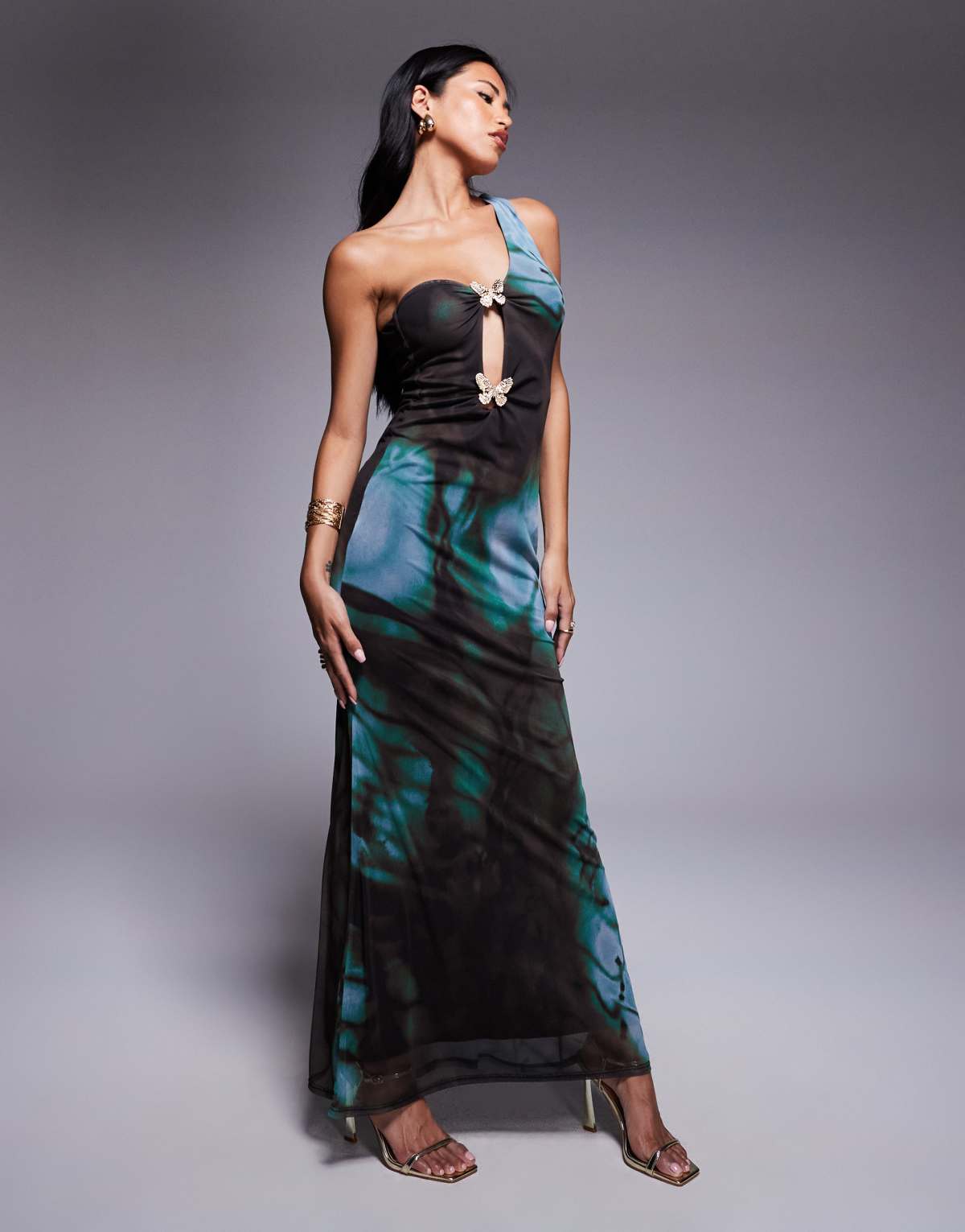 ASOS DESIGN mesh asymmetric one shoulder midi dress with butterfly trims in abstract print