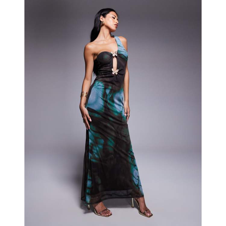 ASOS Design Mesh Asymmetric One-Shoulder Midi Dress with Butterfly Trims in Abstract print-Multi