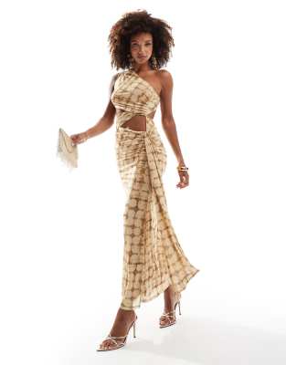 Asos Design Mesh Asymmetric One Shoulder Midi Dress With Long Ties In Yellow Plaid-multi