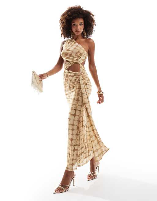 ASOS DESIGN mesh asymmetric one shoulder midi dress with long ties in yellow plaid