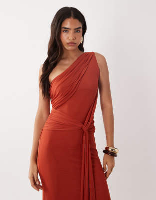 Asos Design Mesh Asymmetric One Shoulder Scarf Detail Dress In Multi
