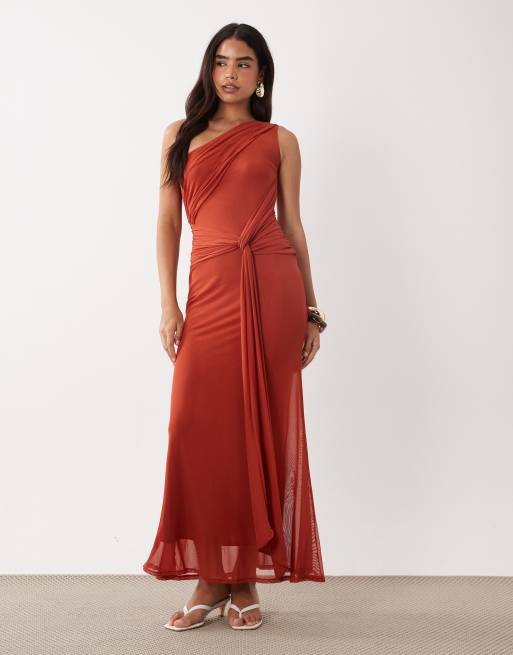 ASOS DESIGN mesh asymmetric one shoulder scarf detail dress in rust, 2 of 4