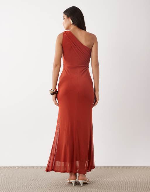 ASOS DESIGN mesh asymmetric one shoulder scarf detail dress in rust, 4 of 4