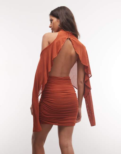 ASOS DESIGN mesh asymmetric ruched mini dress with batwing sleeve in rust, 4 of 4
