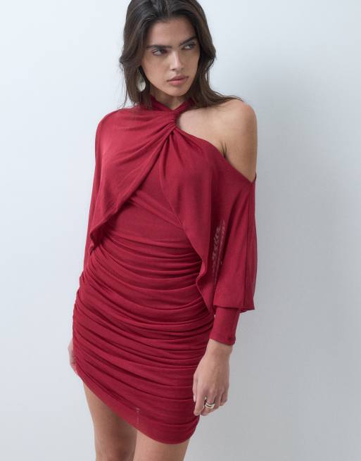 ASOS DESIGN mesh asymmetric ruched mini dress with batwing sleeve in wine, 5 of 5