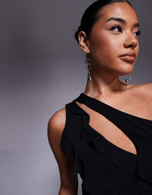 ASOS DESIGN mesh asymmetric ruffle top with cut out in black (part of a set), 3 of 4