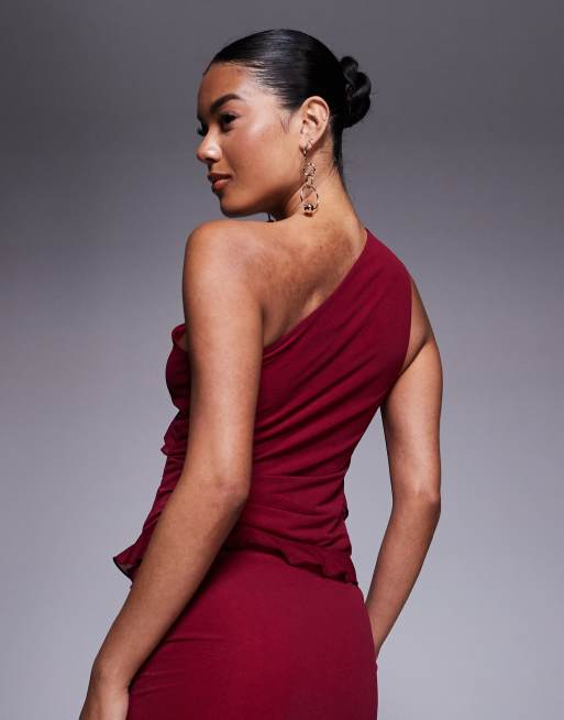 ASOS DESIGN mesh asymmetric ruffle top with cut out in burgundy - part of a set