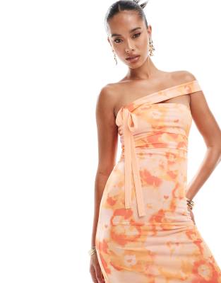Asos Design Mesh Asymmetric Strap Detail Bandeau Midi Dress In Multi