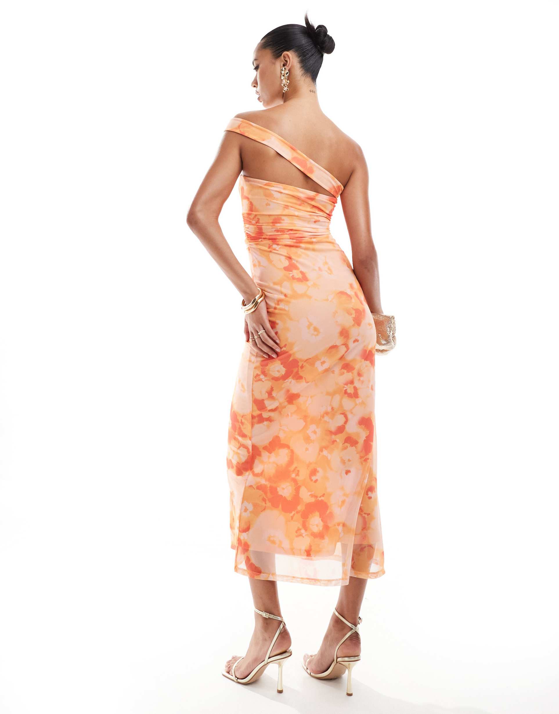 asos design mesh asymmetric strap detail bandeau midi dress in orange floral print