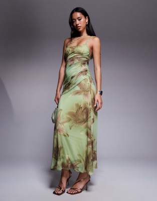 Asos Design Mesh Asymmetric Strappy Back Ruching Maxi Dress In Green