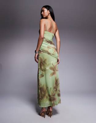 Asos Design Mesh Asymmetric Strappy Back Ruching Maxi Dress In Green