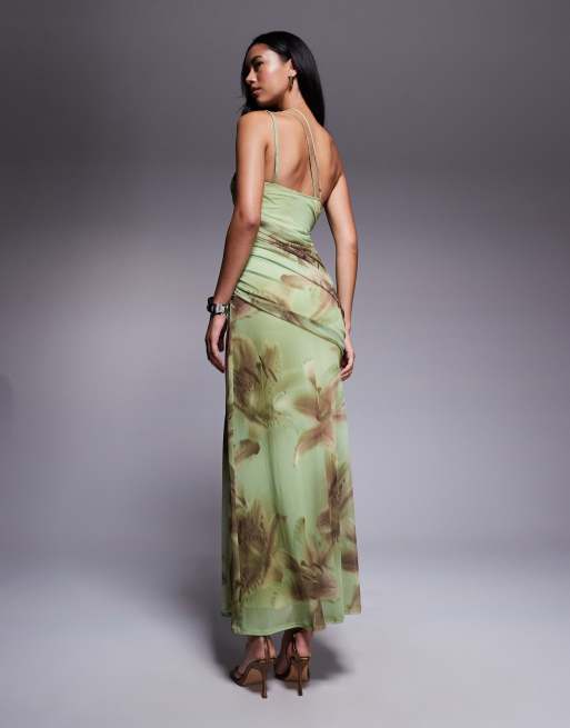 ASOS DESIGN mesh asymmetric strappy back ruching maxi dress in hibiscus print