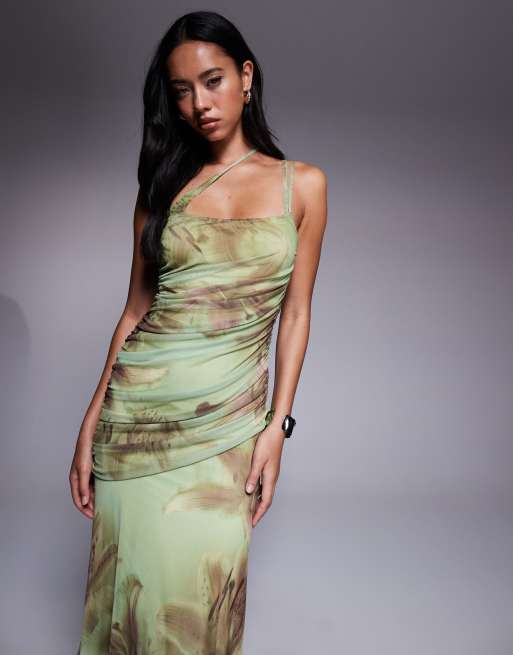 ASOS DESIGN mesh asymmetric strappy back ruching maxi dress in hibiscus print