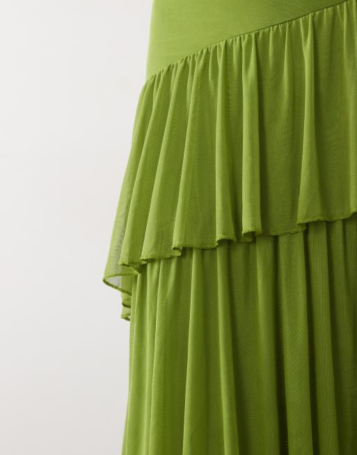 ASOS DESIGN mesh asymmetric tiered midaxi skirt in green, 4 of 5
