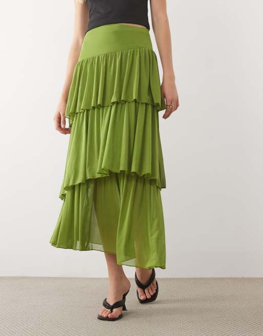 ASOS DESIGN mesh asymmetric tiered midaxi skirt in green, 5 of 5