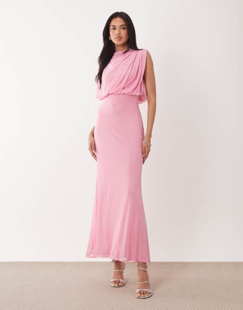 ASOS DESIGN mesh asymmetrische capmouw blouson lijfje maxi jurk in roze - view 1