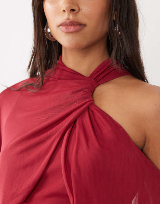 ASOS DESIGN mesh asymmetrisk rynkad miniklänning med batwingärm i vinrött, 4 av 4