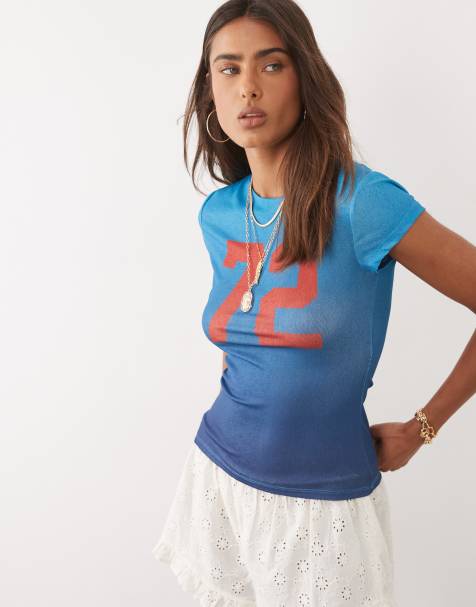 ASOS DESIGN mesh Baby tee in blue ombre with 72 collegic graphic - view 1