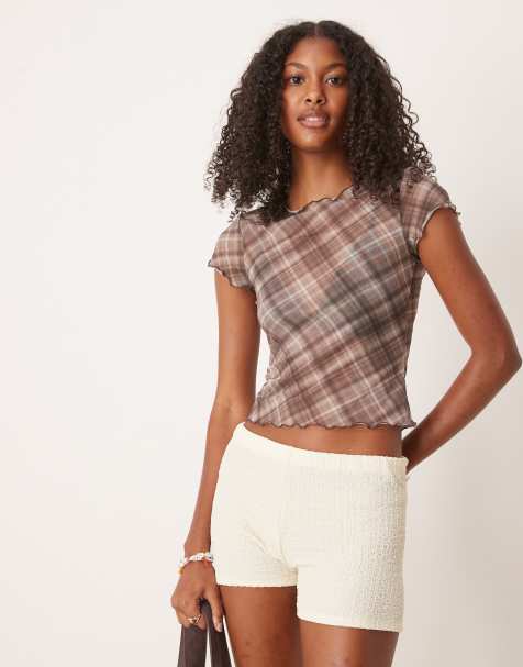 ASOS DESIGN mesh baby tee in brown check print - view 1