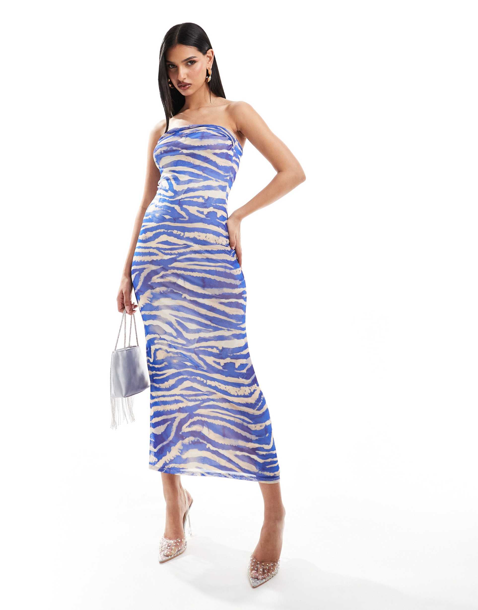 asos design mesh bandeau cowl neck midi dress in blue zebra print