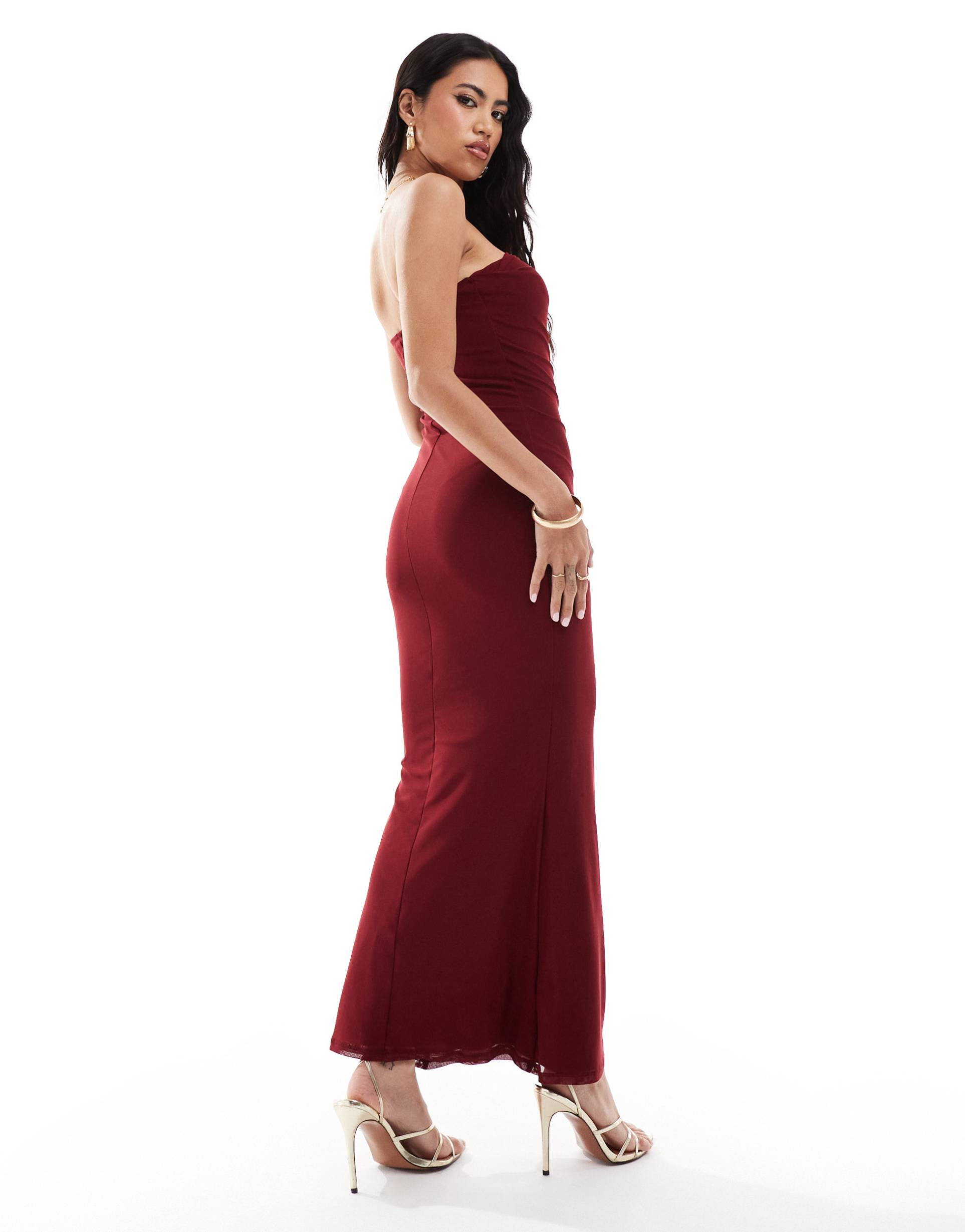 asos design mesh bandeau cowl neck midi dress in wine