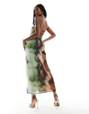ASOS DESIGN mesh bandeau midi dress with draped skirt in tonal marble print  | ASOS