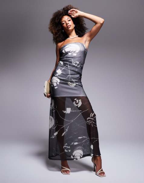 ASOS DESIGN mesh bandeau midi dress with sweeping bodice detail in mono marble print - view 1