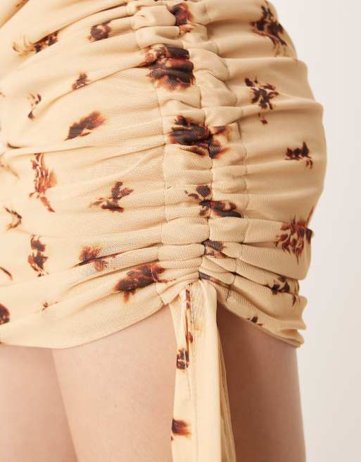 ASOS DESIGN mesh bandeau mini dress with ruched side in yellow floral print, 3 of 4