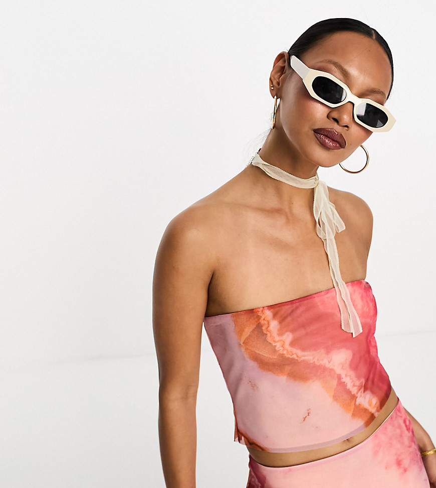 ASOS DESIGN mesh bandeau top co-ord in abstract print-Pink