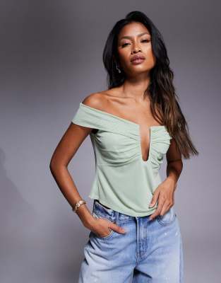 Asos Design Mesh Bar Detail Top With Cut Out Waist In Green