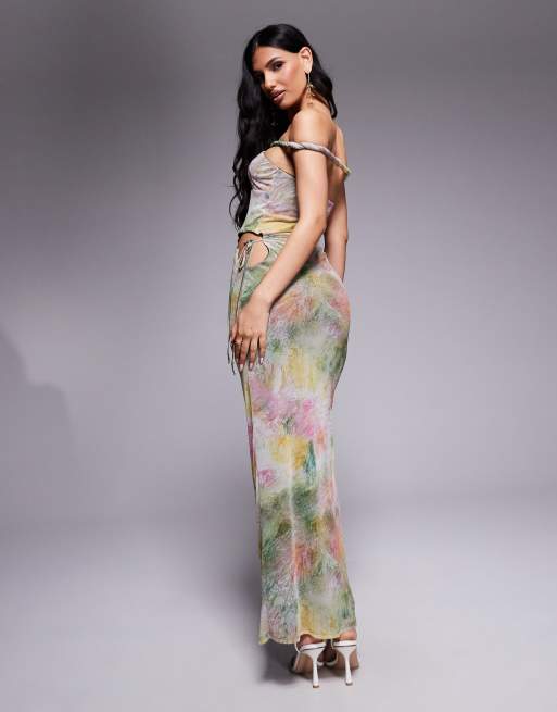 ASOS DESIGN mesh bardot faux-ord with twisted straps maxi dress in blurred pastel floral print