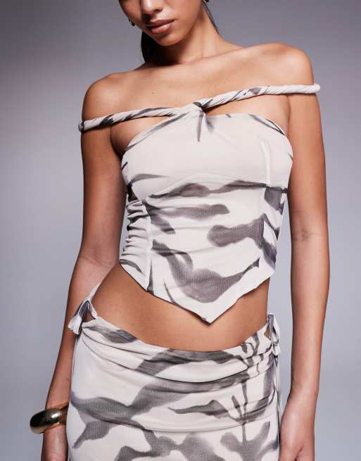 ASOS DESIGN mesh bardot faux-ord with twisted straps maxi dress in zebra print, 3 of 4