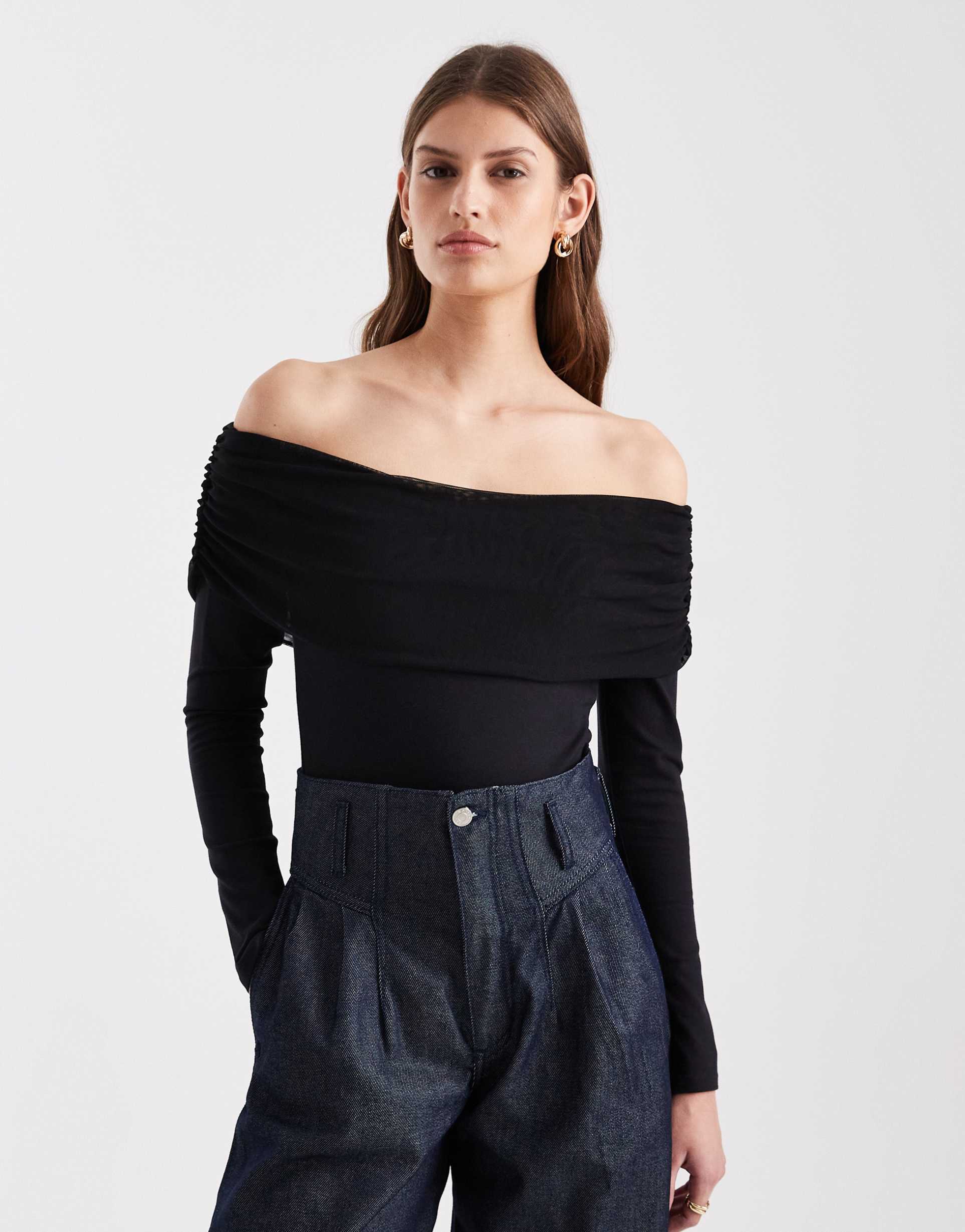 asos design mesh bardot long sleeve bodysuit with cotton body in black