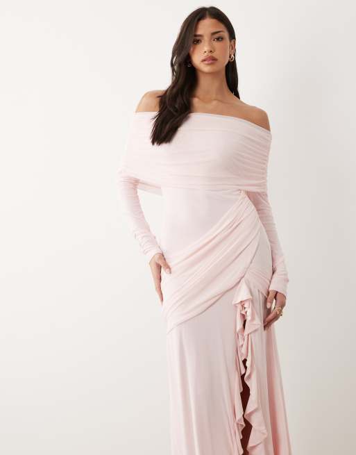 ASOS DESIGN mesh bardot maxi dress with drape and ruffle detail in baby pink, 2 of 4