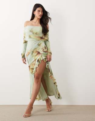Asos Design Mesh Bardot Maxi Dress With Drape And Ruffle Detail In Green