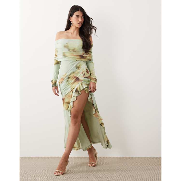 ASOS DESIGN mesh bardot maxi dress with drape and ruffle detail in floral  print