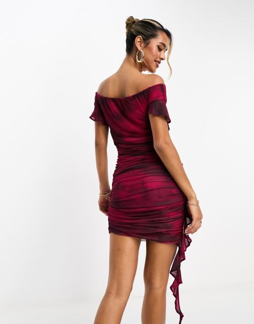 Ruffle Bodycon Dress  Inc Burgundy, Off The Shoulder & White