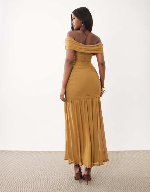 ASOS DESIGN mesh bardot ruched  dropped waist maxi dress with wire trim in bronze, 2 of 4