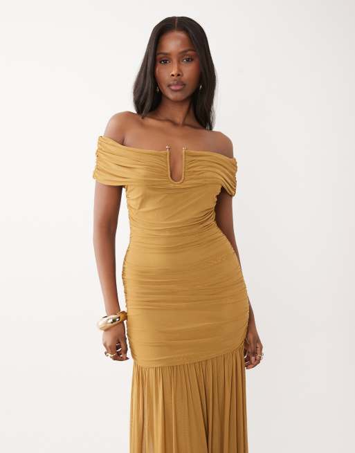 ASOS DESIGN mesh bardot ruched  dropped waist maxi dress with wire trim in bronze, 3 of 4