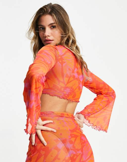 ASOS DESIGN mesh beach set tie front crop top in butterfly print, 2 of 4